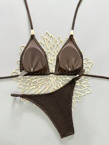 Brown Solid Textured Fabric Women's 2-Piece Bikini Set, Triangle Top With Metal Decor, Spaghetti Straps Summer - Coffee Brown - View 3