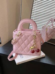 Sweet And Delicate Quilted Design, Cherry Pendant Decoration, Mini Lady Bag, Fashionable, Versatile, Simple And Elegant Women's Handbag. - Pink - View 2