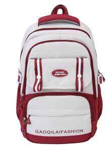 Large Capacity Color Block School Backpack | Beige & Black Bag With Logo & Striped Details | School/Travel/Commute | Bag,Y2k - Multicolor - View 11
