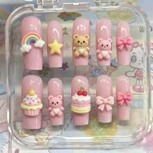 Handmade Nails Press On,Hard And Durable Nail Art,Handmade Kawaii Dessert Press On Nails | Shopkins-Inspired Characters, Chocolate, Donut & Ice Cream | Long Coffin Nails For Cute Sweet Vibes Summer Nail Art / Applicable To 899 Regions - 玫紅色 - 查看 6