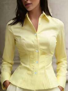 Nueva blusa elegante para mujer, camisa de manga larga con botones y diseño plisado en color blanco, de estilo sofisticado y de alta gama, con apariencia minimalista y profesional, adecuada - Amarillo - Ver 1