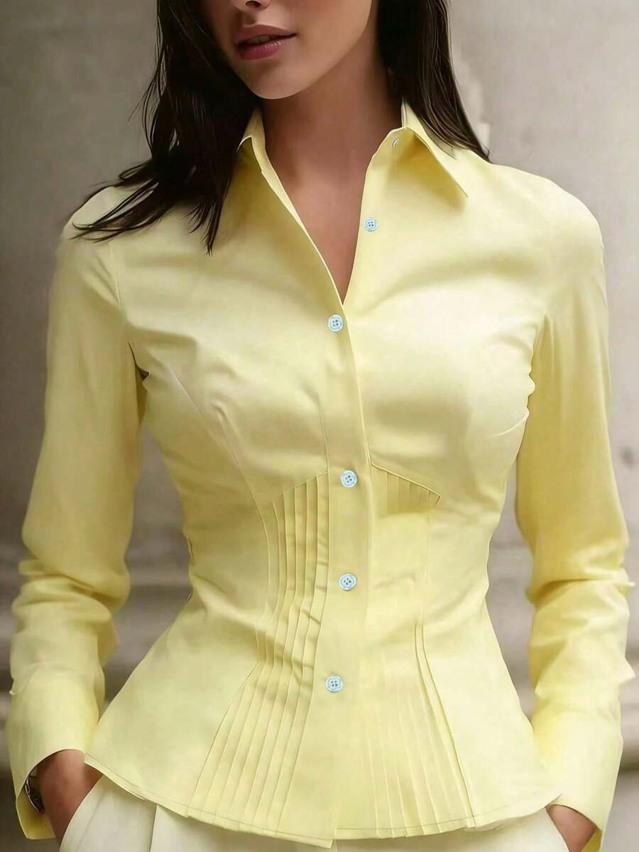 Nueva blusa elegante para mujer, camisa de manga larga con botones y diseño plisado en color blanco, de estilo sofisticado y de alta gama, con apariencia minimalista y profesional, adecuada - Amarillo - Ver 1