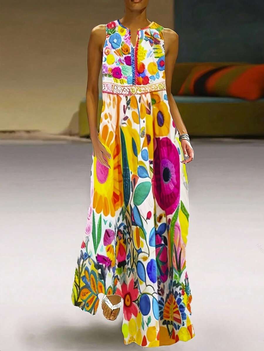 Vestido sin mangas con cuello en V y estampado floral colorido para mujer - Multicolor - Ver 1