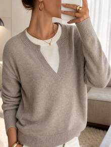 Mature Style 2-In-1 V-Neck Knitted Sweater, Loose Fit Soft Cozy Knit Top For Autumn/Winter, Elegant Office Commute Versatile Blouse - Oatmeal Ash - View 2