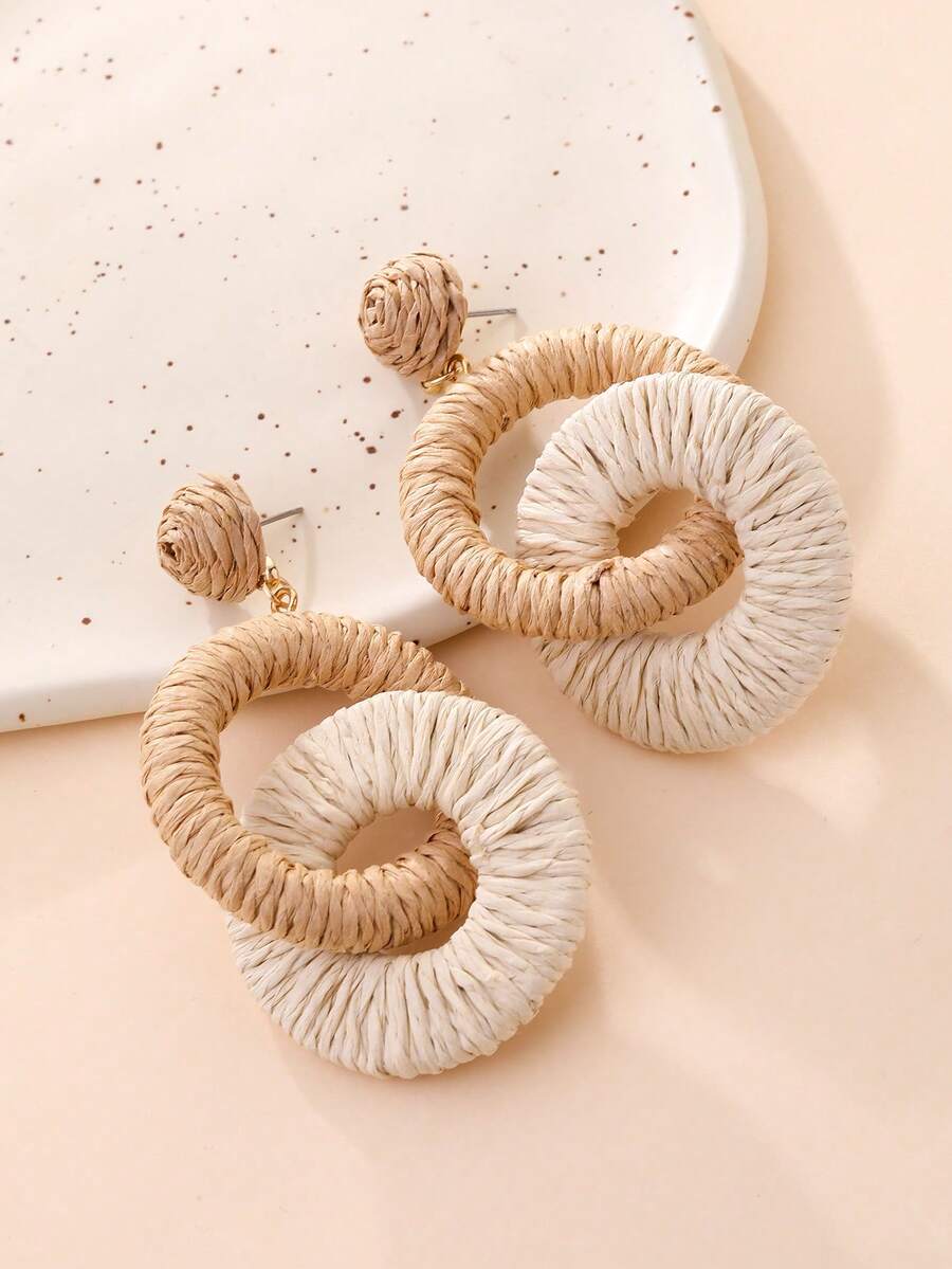 1 Pair Ins Bohemian Straw Woven Earrings, Earth Tone Color Block Round Hoop Earrings, Beach Vacation Photo Props, Beach Holiday, Daily Commute, Spring/Autumn Outing Picnic, Music Festival, Bestie Travel Photo, Date Night, Student Campus, Mori Pastoral Style
