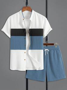 Men's Plus Size Fashion 2pcs Set Solid Color Contrast Collar Open Front Casual Minimalist Versatile Daily Outing Summer Bestseller Preppy Classic Commuter Short Sleeve Shirt And Shorts Set - Blue - View 2