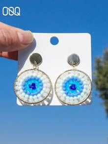OOQ 1 Pair Summer Vintage Elegant Fashion Faux Crystal Beaded Round Earrings, Bohemian Vacation Style Gradient Color Seed Bead Earrings, Valentine's Day, Mother's Day, Wedding Season Groom Bride Bridesmaid Gift, Suitable For Women's Daily Vacation Party Wear (Handmade Seed Bead Color Position Random) - Blue - View 3