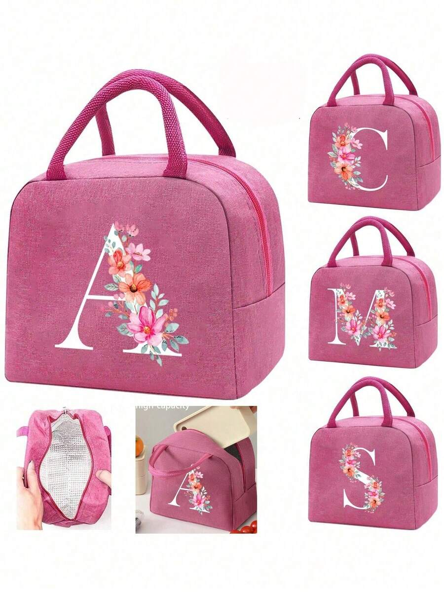 Letter Print Pattern Insulated Lunch Bag, Insulated Lunch Tote, Lunch Box, Ice Pack, Picnic Food Tote, Canvas Lightweight Portable Lunch Storage Bag, School Office Picnic Lunch Tote, Can Be Carried To School And Work, Birthday Gift, Commemorative Gift. This Is A Novel Design, Large Capacity Portable Casual Insulated Lunch Bag, Ideal Tote Bag/Lunch Box Bag/School Supply Accessory For Women. - Hot Pink - View 1