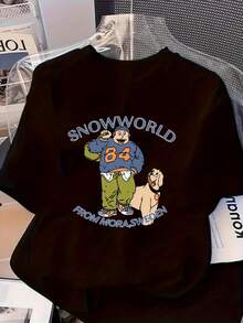 Camiseta Oversize con Estampado de Personajes de Dibujos Animados y Perros Estilo Y2K - Top Unisex de Manga Corta con Hombros Caídos, Diseño Largo y Detalles de Apliques, Tejido Transpirable - Blanco - Ver 6