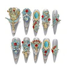 10 Pieces Handmade Press Nails, Reusable Fake Stilettos Luxurious Gemstone Crystal Design, Full Cover Adhesive Tape DIY Women's Manicure Tool Kit(Long Ladder(XS)) - Long Ladder(XS) - View 8
