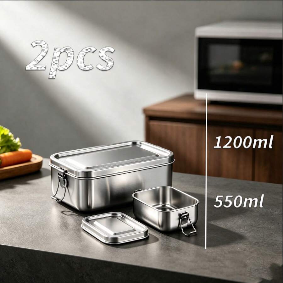 ZTVZTV 1/2/3 PCS Combination Pack 304 Stainless Steel Square Lunch Box, Large Capacity Bento Box With Lid, Outdoor Storage Box, Food Storage Container, Outdoor Lunch Box, Picnic Box - Portable Combination 550+1200ml - View 1