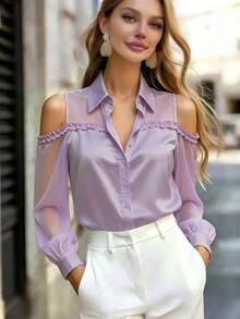 Blus Satin Wanita, Kemeja Lengan Panjang Berkancing Depan, Tidak Melar, Potongan Reguler, Cocok untuk Musim Panas, Semi, dan Gugur - Mauve Purple - View 3
