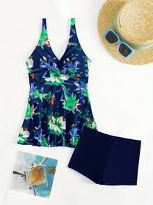 Nuevo modelo 2026:Conjunto Tankini de Mujer Nuevo Estilo Falda Estampado Tropical Moda Sexy Cross Strap Traje de Baño Tankini - Multicolor 1 - Ver 4