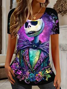 Disney, Jack Skellington With Colorful Roses And Galaxy Background Print, Round Neck Short Sleeve T-Shirt, For Casual Wear And Halloween Party - 彩色 - 查看 1