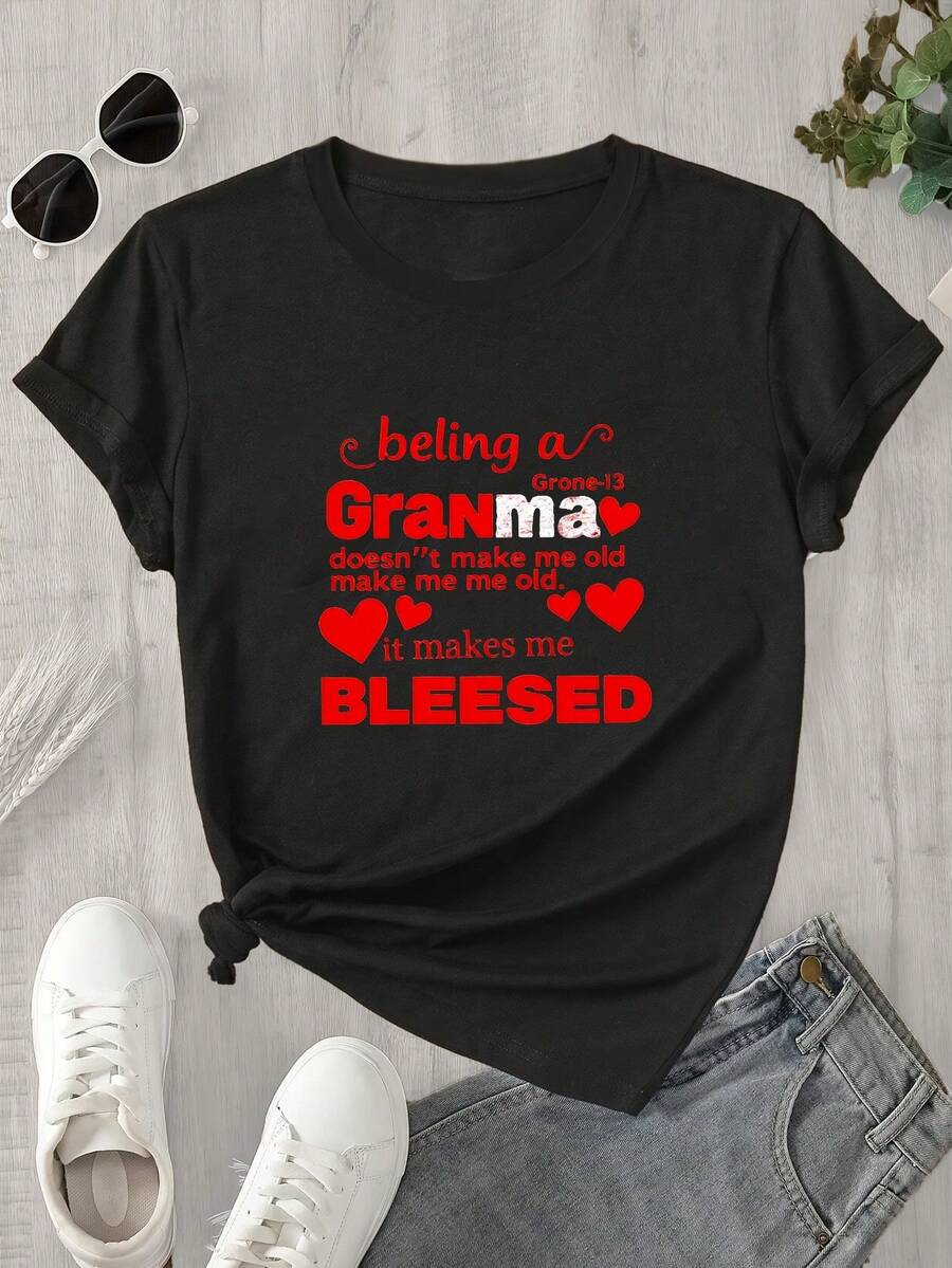 Camiseta estampada para mujer, 1 unidad, manga corta, primavera/verano, el regalo perfecto para las fiestas. - Negro - Ver 1