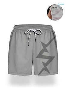 Men's Solid Color Artistic Print Swim Trunks With Elastic Waistband, Drawstring, Slanted Pockets, Mesh Lining, Casual Beach Shorts For Vacation - Multicolor - View 4