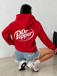 Letter Graphic Oversized Hoodie, Bright Red Not Burgundy, Y2K Style Fall Winter Christmas Outfit - Red 1 - View 12