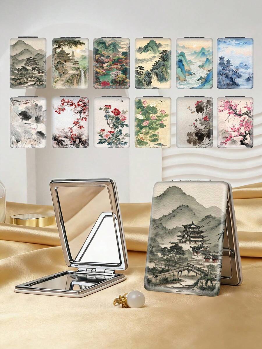 1個中式花卉系列便攜式化妝鏡,可折疊輕量超薄方便耐用PU皮革,適合各種場合旅行派對工作學校,適合所有年齡層通用 - 彩色 - 查看 1