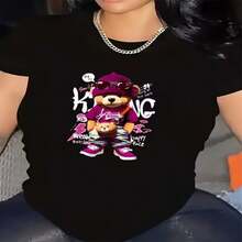 Camiseta casual de manga corta y cuello redondo de algodón elegante para mujer con estampado gráfico de oso, corte regular. - Negro - Ver 1