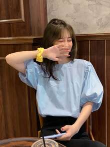 女款純色極簡休閒襯衫上衣 夏季 - 藍色 - 查看 3