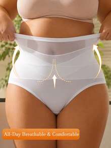 1pc Plus Size High Waist Breathable Lace Fiber Fabric Shaping Panties, Mesh Criss-Cross Woven Design Triangle Briefs - White - View 4