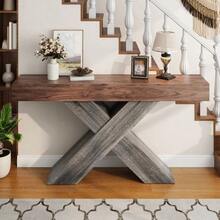 Console Table With X-Shaped Legs, Narrow Console Table, Wood Look, Chipboard, For Hallway And Living Room, Side Table - 胡桃木+刨花板 - 查看 5