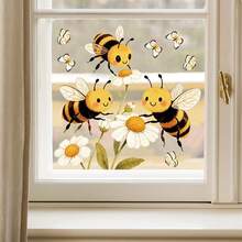 Cartoon Bee & Flower Wall Decal, Self-Adhesive Removable Glass Decor For Home - A - View 1