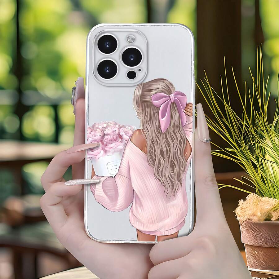1pc Transparent Girl Bouquet Back View Pattern Phone Case Personalized Compatible With IPhone 16 Pro Max/17/16/15/14 Plus/13/12/11 Protective Case Air Compatible With Samsung Series - Multicolor - View 1