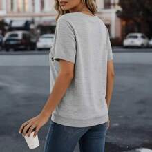 Plus Size Women Casual Solid Color Loose V-Neck Short Sleeve Button T-Shirt Summer - Grey - View 2