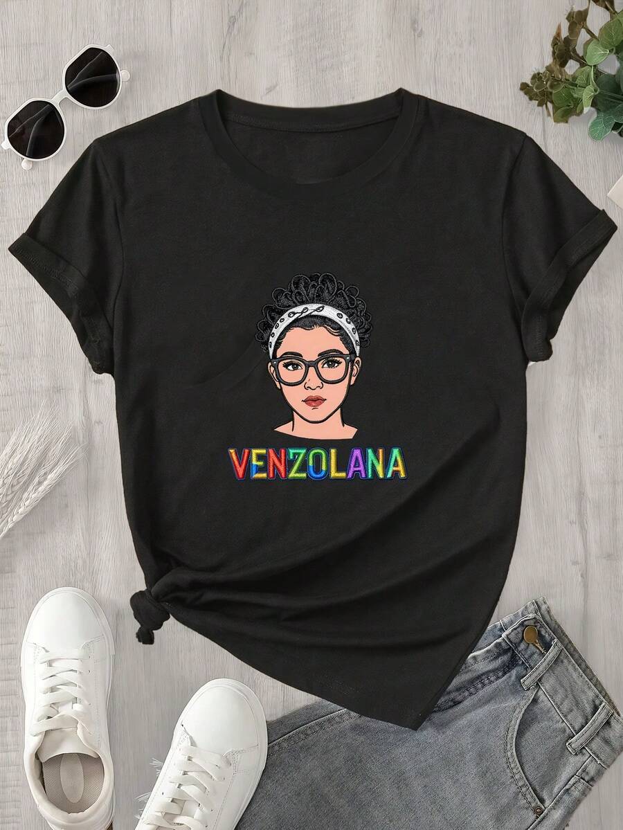 Camiseta estampada para mujer, 1 unidad, manga corta, primavera/verano, el regalo perfecto para las fiestas. - Negro - Ver 1