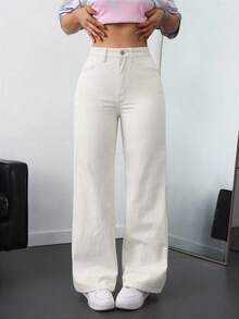 Unity Jeans de mezclilla de pierna ancha recta de diseño simple con cintura alta para mujeres a la moda - Albaricoque - Ver 1