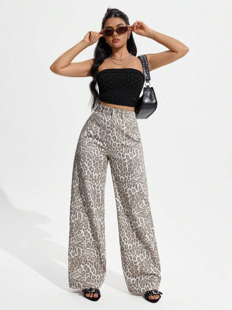 Unity Jeans de mezclilla de pierna ancha recta de diseño simple con cintura alta para mujeres a la moda - Multicolor - Ver 1