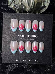 10pcs Summer Handmade Press-On Nails, Short Almond Shape, Nude Coffee Base With Milky Blue French Tips, Hand-Painted Pink Gradient Flowers And Polka Dots, Gold Bead Accents, Fresh Sweet Style, Versatile Design, Includes Manicure Tool Set, Quick Application And Removal - Baby Blue - View 1