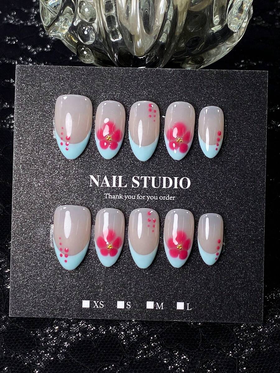 10pcs Summer Handmade Press-On Nails, Short Almond Shape, Nude Coffee Base With Milky Blue French Tips, Hand-Painted Pink Gradient Flowers And Polka Dots, Gold Bead Accents, Fresh Sweet Style, Versatile Design, Includes Manicure Tool Set, Quick Application And Removal - Baby Blue - View 1