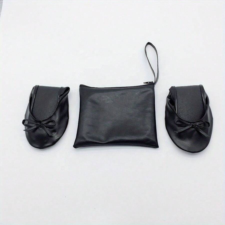Bailarinas Portátiles Para Mujeres, Zapatos Planos Enrollables Con Suela Suave Y Lazo, Cómodos Zapatos Planos De Baile Con Bolsa De Mano - [Negro] - Ver 1