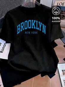 Women's Clothing, Summer Cotton Off-The-Shoulder T-Shirt, Brooklyn Text Print,  Casual Top For Women, Designer Women's Clothing. - 黑藍印花 - 查看 1
