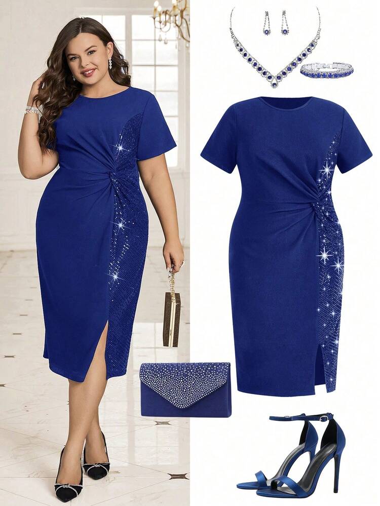 Vestido elegante de verano con lentejuelas y parches, con abertura lateral y detalle de nudo en la parte delantera, talla grande - azul real - Añade 1