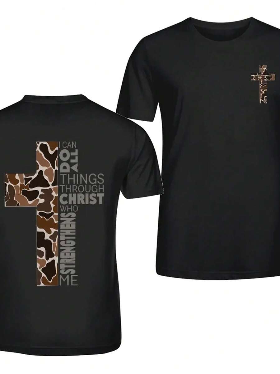 T-CamouF1lage CrO1SS I Can Do All t1hings DoubleSided Print TShirt UniS1ex Casual Crew Neck Short Sve Christian T1EE - Negro - Ver 1