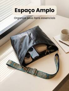 Women's High-Quality PU Bucket Bag, Wide Adjustable Printed Strap, Casual Street Style For Everyday Use - 黑色 - 查看 4