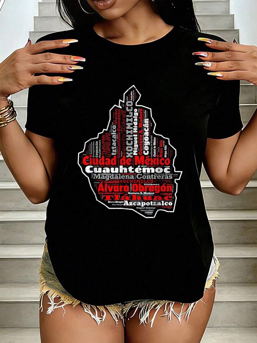 Camiseta Ciudad Deéxico CDMX Mapa Municipios Mexico City, camisetas casuales de moda con estampado gráfico para mujeres, tops deportivos activos para mujeres - Negro - Ver 1