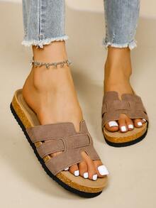 Women's Comfortable Cork Bed Sandals, Casual H-Shaped Strap Flat Slides, Summer Outdoor Beach Slippers - Khaki - View 2