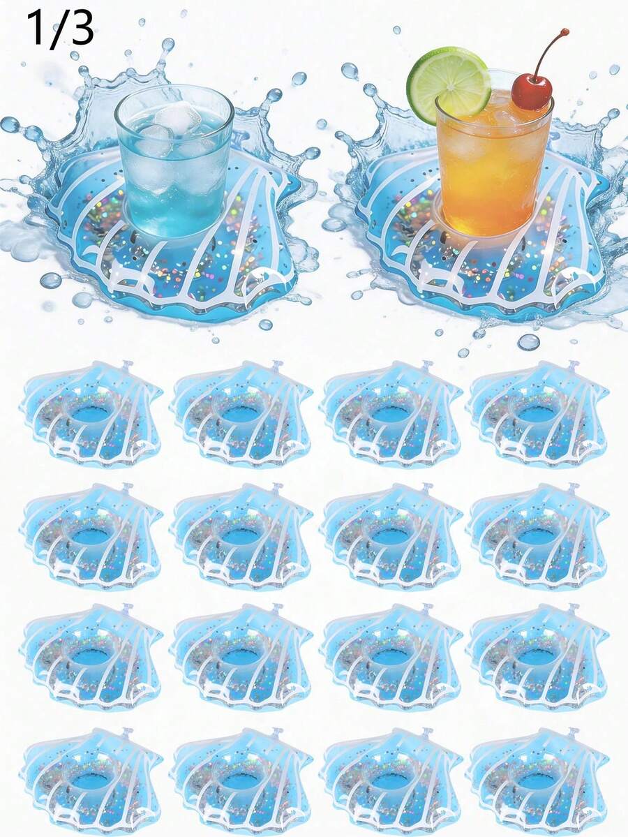 1-3 piezas Soporte inflable para vasos de bebida, posavasos flotante reutilizable con estilo oceánico lindo. Forma de concha de PVC grueso con purpurina, antideslizante y flotante. Perfecto para piscina, playa, vacaciones de verano, graduación y uso diario para adultos y niños