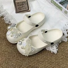 女款厚底蝴蝶珍珠花飾韓風夏季瑪麗珍芭蕾克羅格鞋 百搭款（不同批次底紋不同，此尺寸偏小一號） - 白色 - 查看 4