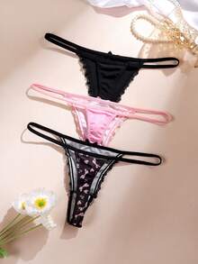 3pcs Printed/Solid Color Comfortable Lace Trim Women's Thong Panties - Multicolor - View 2