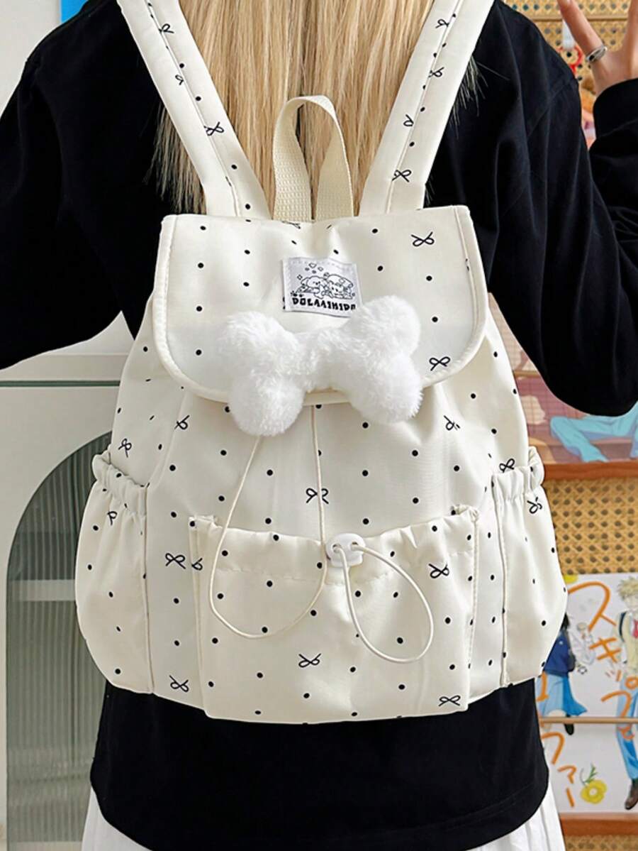 1pc Girls Bowknot Polka Dot Print Nylon Drawstring Closure Fashion Backpack Student School Bag Suitable For All Seasons Daily Use Without Pendant