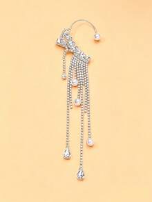 FAAABULS 1pc Shiny Crystal Tassel Ear Clip With Pearl Decor, Long Rhinestone Chain Earrings, Women's Evening Party Jewelry - EH2091 - View 8