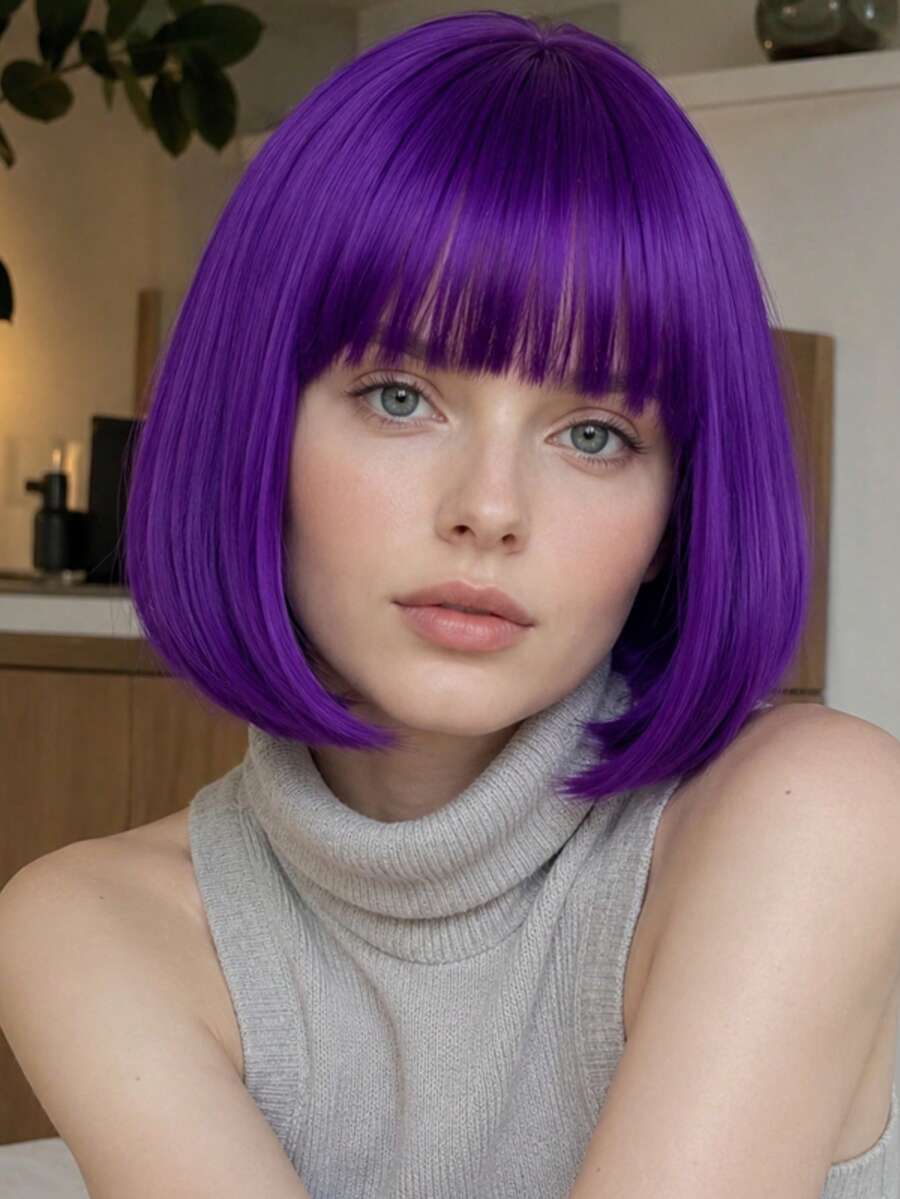Women's 12 Inch Deep Purple Shoulder-Length Straight Wig With Bangs, High-Temperature Fiber Synthetic Wig, Fashionable Elegant Versatile Style, Suitable For Cosplay, Party, Daily Wear, Universal For All Women, Soft Smooth Easy To Maintain,Halloween - Dark Purple - View 1