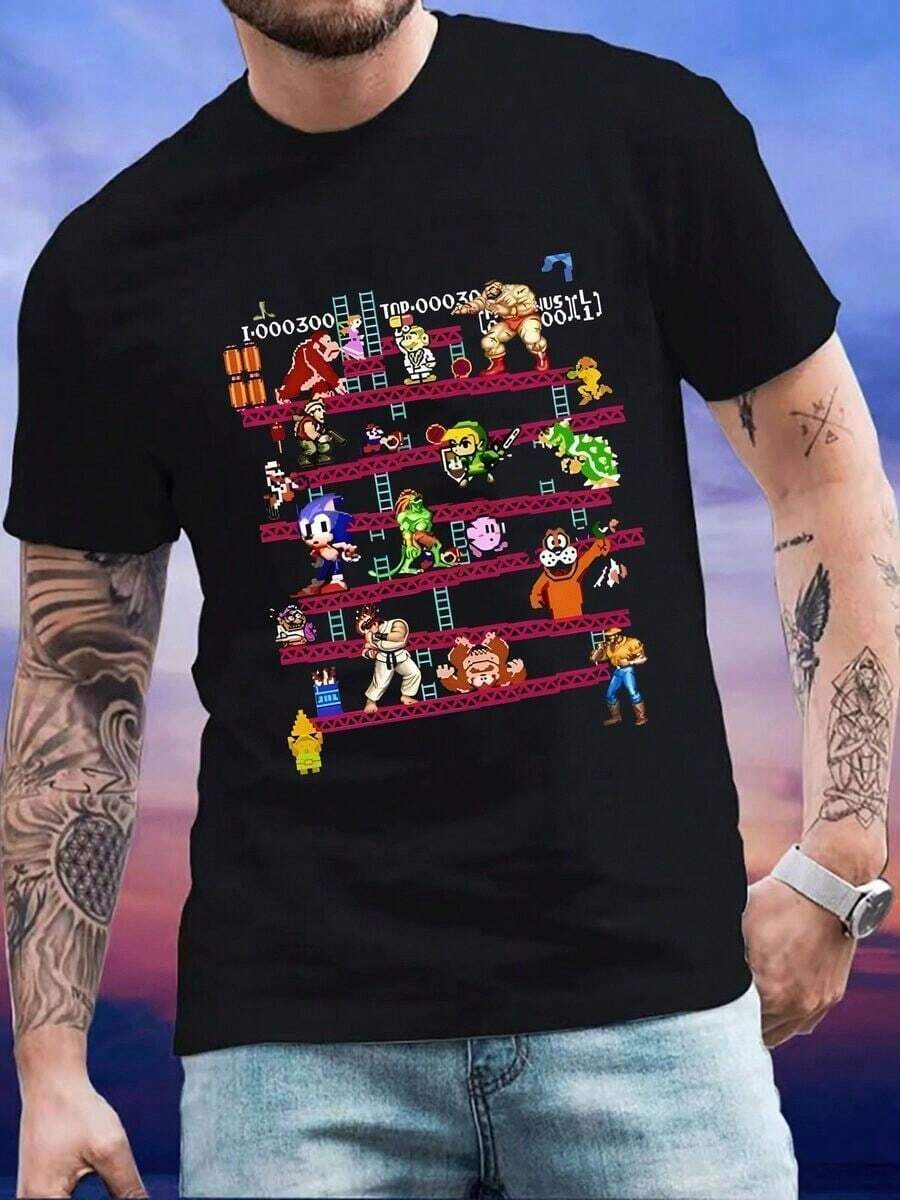 Camiseta de hombre con diseño de personajes de videojuegos clásicos,estilo casual y moderno,perfecta para gamers.Tee - Negro - Ver 1