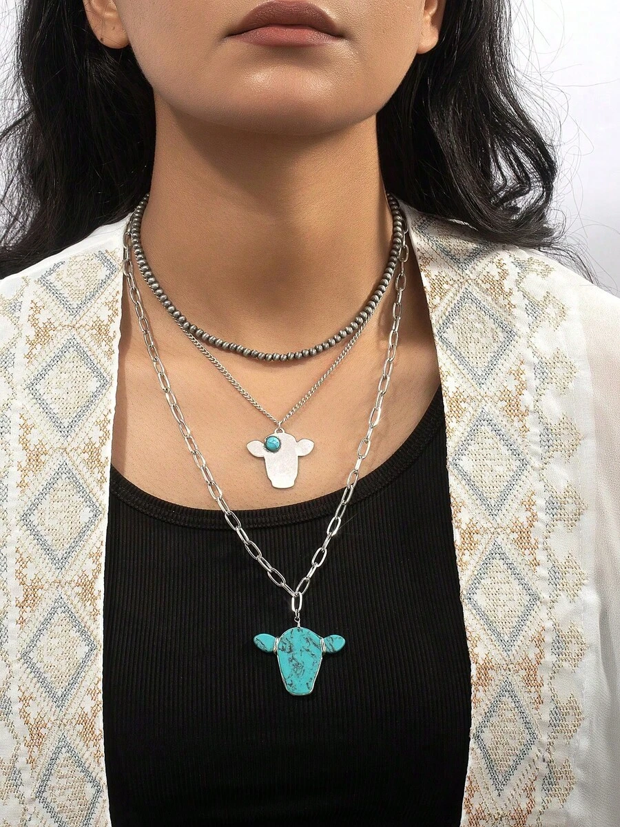 Juego de 3 collares apilados estilo occidental con decoración de piedra turquesa y plata antigua, Howdy Y'all - Multicolor - View 1