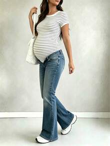 Parara Maternity V-Neck Striped Short Sleeve Ribbed Knit High Stretch T-Shirt Summer - Black and White - View 3